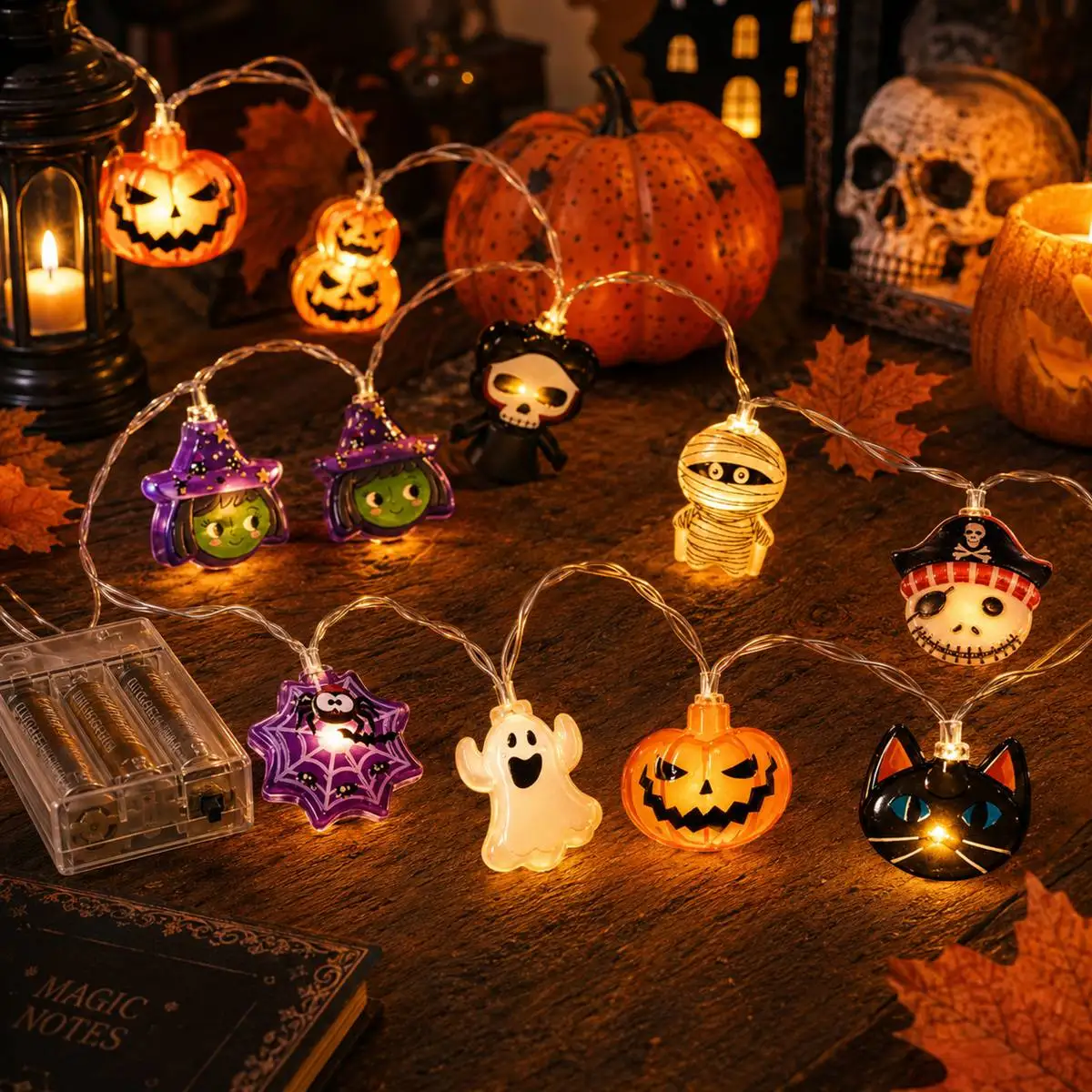 1 unidad de luces de Halloween con 20 LED, luz blanca cálida, funciona con 2 pilas AA, luces de hadas espeluznantes con motivos de calabaza, fantasma, bruja, telaraña, momia, gato negro y pirata, para decorar el hogar, ventanas, paredes, dormitorios, patios, fiestas y festivales.