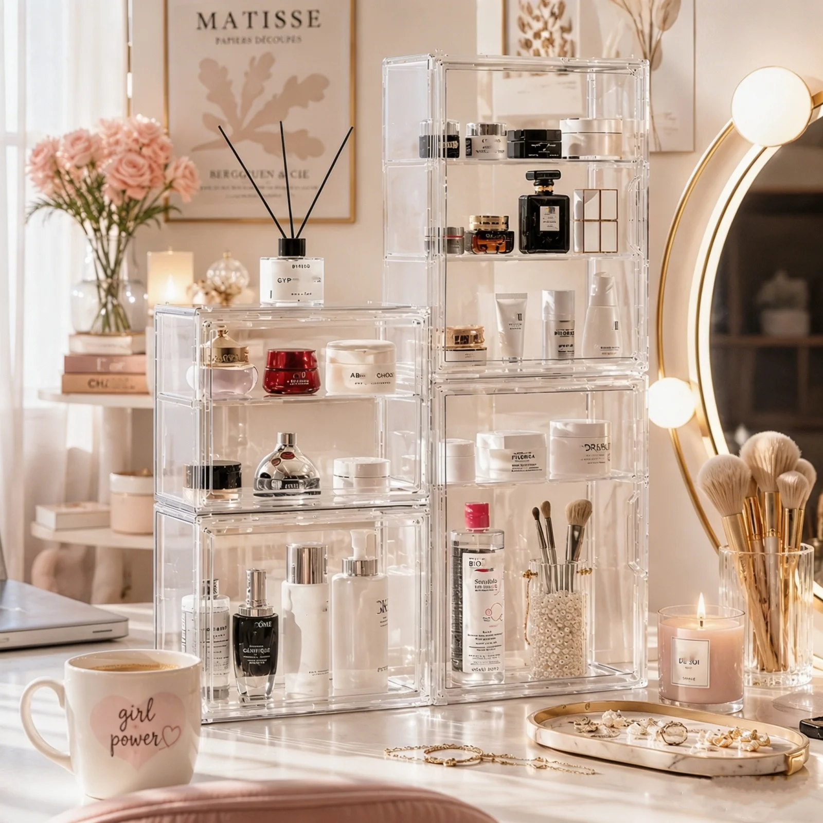 Organizador de maquillaje transparente con cajones y tapa antipolvo