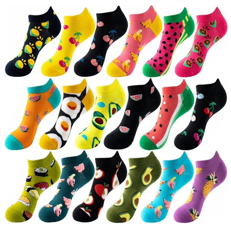 Primavera Verano divertidos calcetines de mujer dibujos animados coloridos fruta comida patrón calcetines cortos Happy Street Skateboard Parkour calcetines de hombre