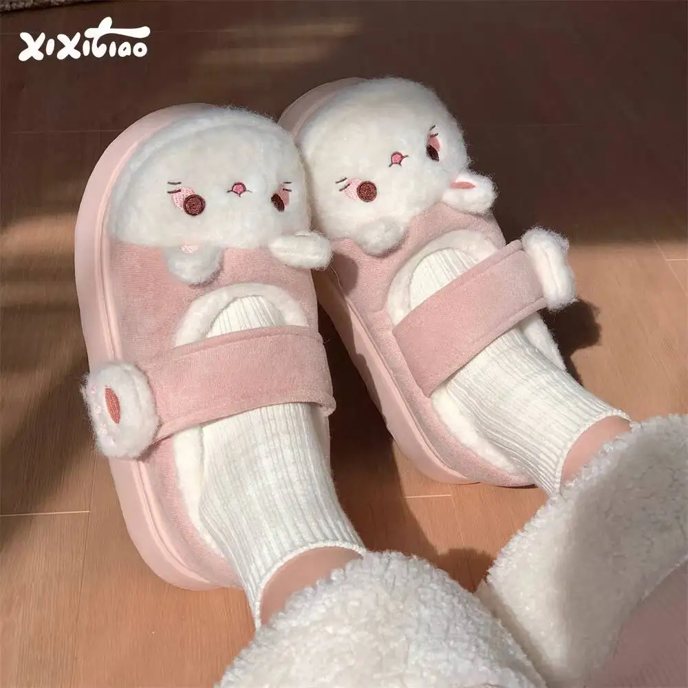 Zapatillas de casa de invierno, zapatillas suaves y bonitas con temática de gato para el hogar, zapatos de algodón, zapatillas de suela gruesa con cinta mágica